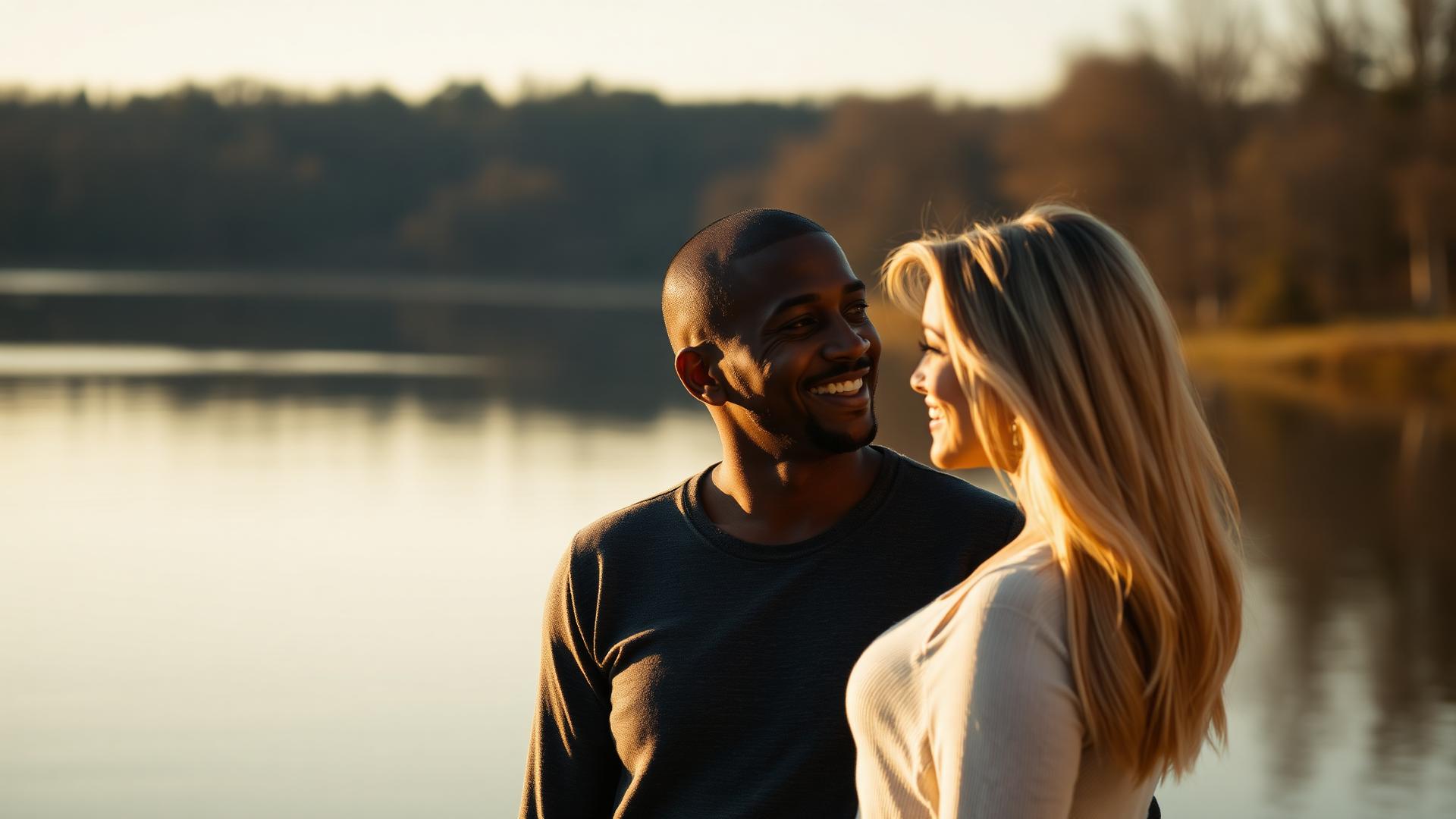 A couple standing close together by a lake at golden hour, smiling at each other